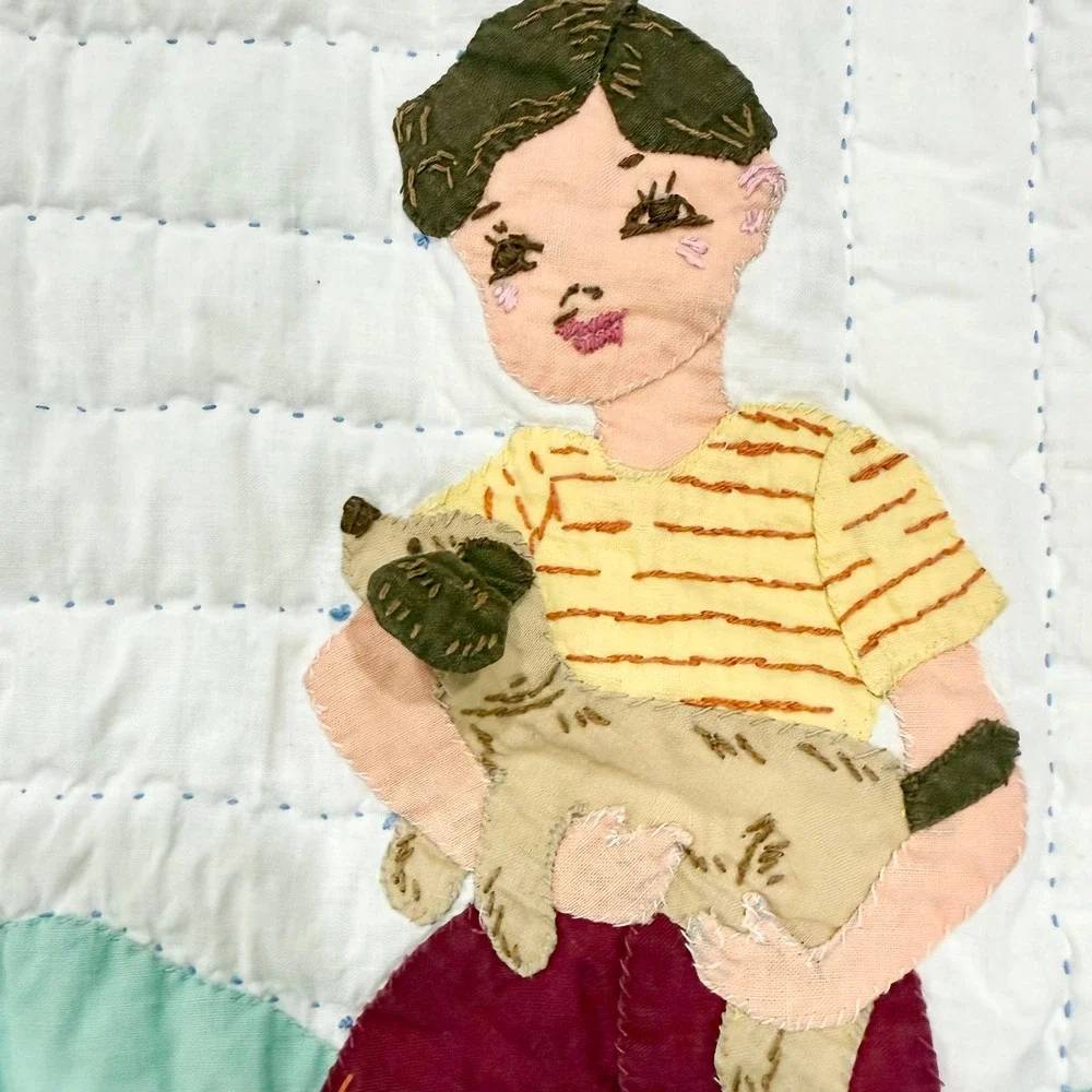 C.1930s Hand Appliqué Quilt Farm Children Pictorial Folk Art 63.5
